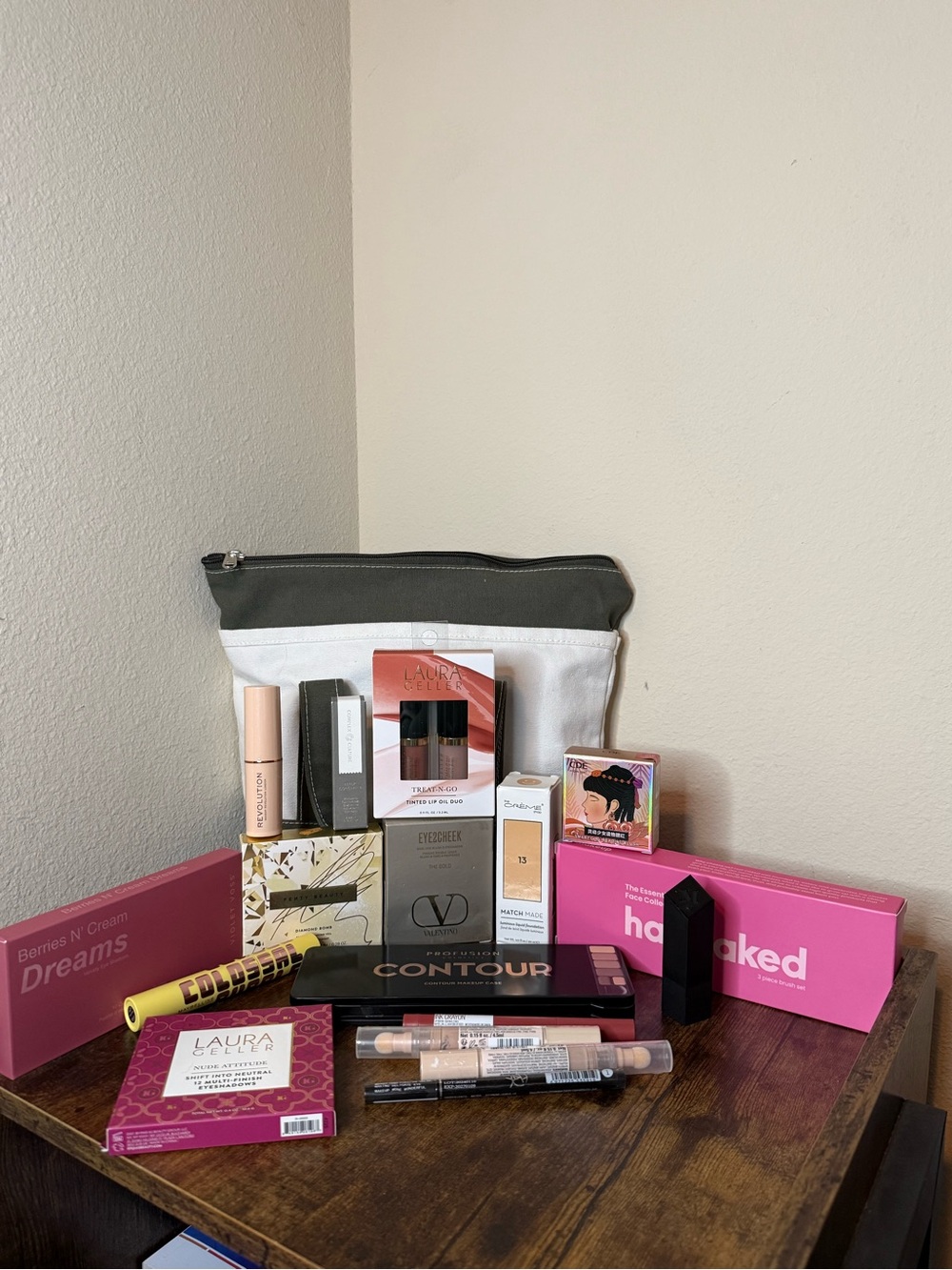 White & Olive Green Pouch with premium makeup bundle